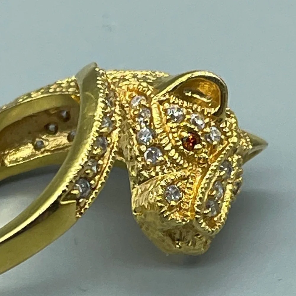 Gold Tone Panther Head Bypass Ring Red Eyes Clear Crystals‎ Statement Size 7.25